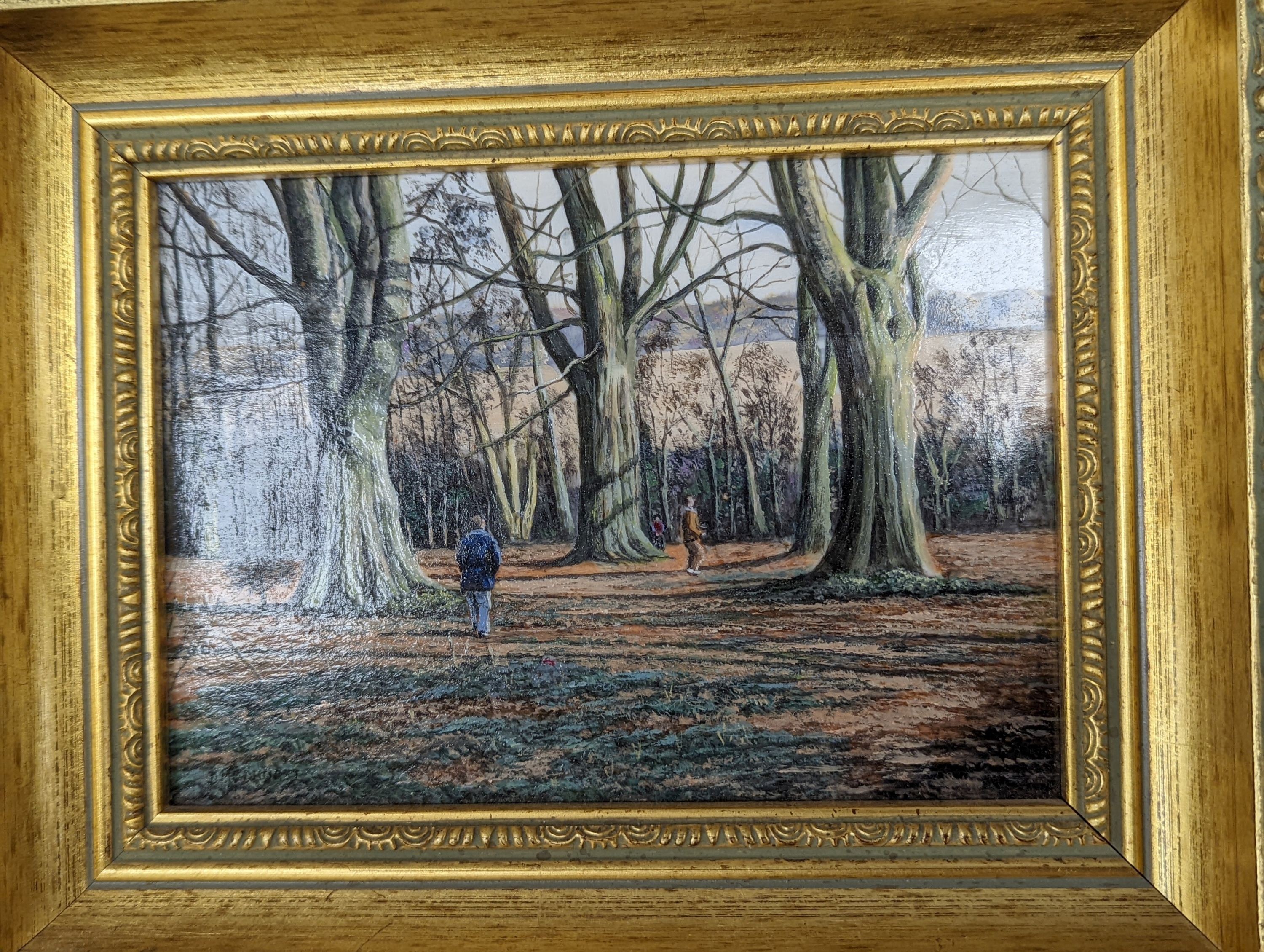 Doreen Medhurst R.M.S, oil on board, High Elms, Kent, signed, 12 x 16cm, a marquetry panel 